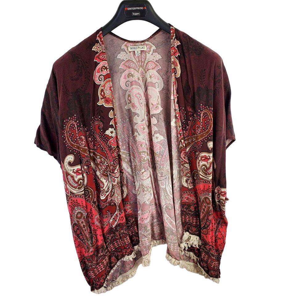 Tassels N Lace Kimono Cardigan Womens Medium Shirt Top Boho Thin Maroon Tassels